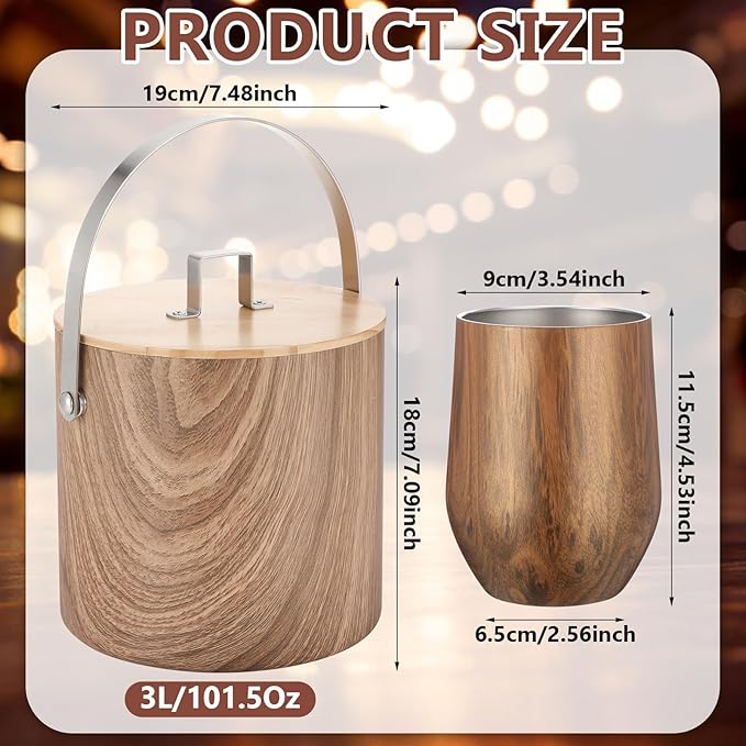 Meekoo Stainless Steel Ice Bucket for Parties,3L Double-wall Vacuum Insulated Ice Bucket with Lid, Scoop, Tong, and 4 Wood Texture Cups for Champagne, Cocktail, Home Barware, Bar, Outdoor Supplies