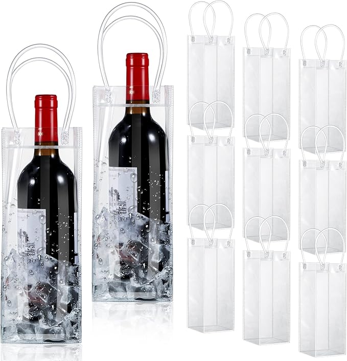 50 Pieces Ice Wine Bag Portable Wine Cooler Bag Drink Bags Clear Wine Pouch Cooler Collapsible PVC Wine Pouch Bags with Handle for Champagne Cold Beer Chilled Beverages Iced Drinks Party Outdoor