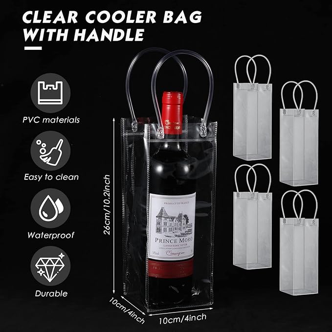 50 Pieces Ice Wine Bag Portable Wine Cooler Bag Drink Bags Clear Wine Pouch Cooler Collapsible PVC Wine Pouch Bags with Handle for Champagne Cold Beer Chilled Beverages Iced Drinks Party Outdoor