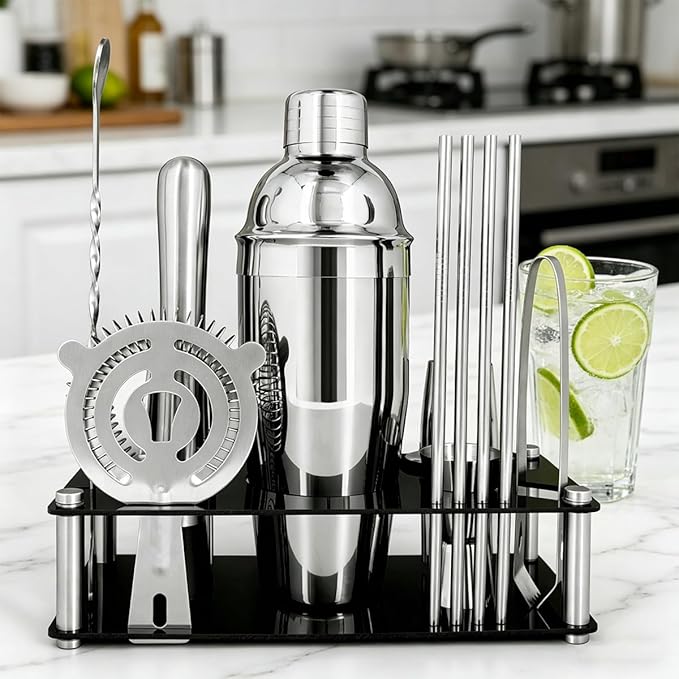 14-Piece Cocktail Shaker Set with Stand, Bartender Kit, 25oz Shakers, Bar Set Cocktail Shaker Set, Jigger for Bartending Kit, Drink Mixer Set, Cocktail Set Recipes Booklet Home, Bar, Party (Silver)