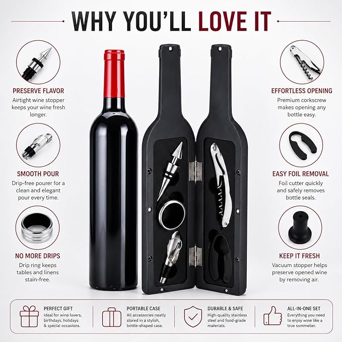 Luxury Wine Accessory & Gift Set - Corkscrew, Stopper, Pourer, and Games! (Wine Opener - Black Matte Bottle Case)