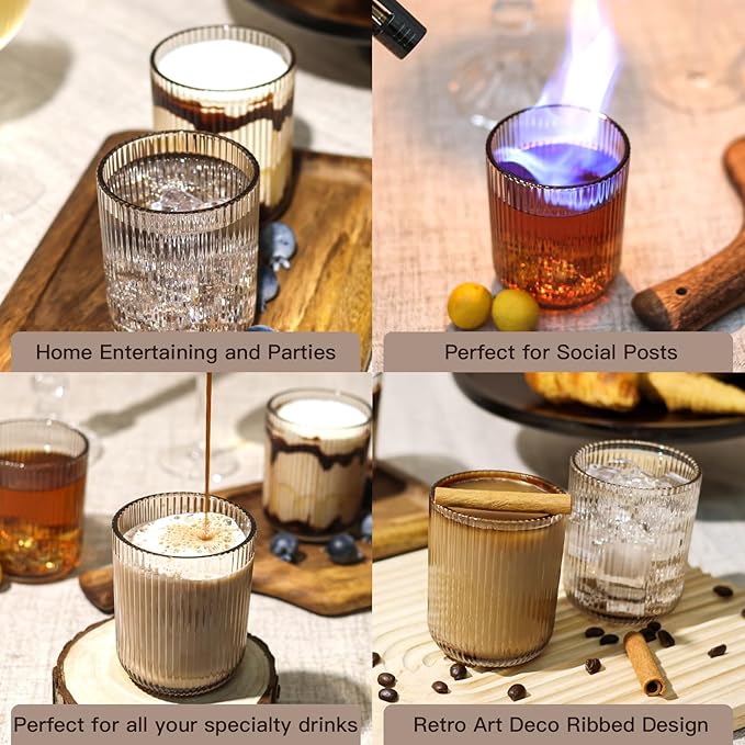 8.5 oz Drinking Glasses, Smoky Gray Highball Glasses Set of 6, Ribbed Glassware Glass Cups, Water Glasses for Juice, Iced Coffee Cups, Cocktail Glasses
