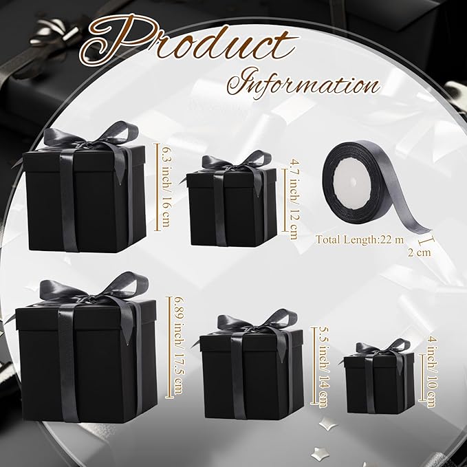 Cholemy 5 Pcs Square Nesting Boxes Decorative Gift Boxes with Lid and Ribbon Assorted Sizes Wrap for Wedding, Carnival, Anniversary, Birthday, Bridal Shower Party Gifts(Black)