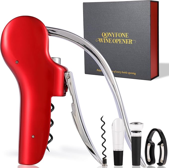 Wine Bottle Corkscrew Opener, Vertical Lever Corkscrew 5-Piece Set, Manual Vertical Design, Includes Wine Foil Cutter, Extra Spiral, Wine Pourer and Wine Stopper, Elegant Gift Box, Red