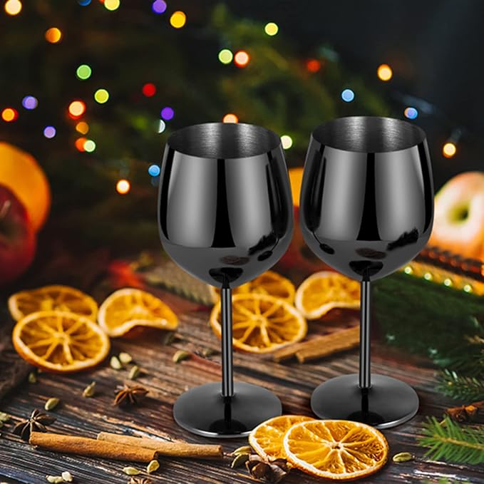 Lifecapido Stainless Steel Wine Glasses Set of 4, 18oz Stainless Steel Wine Goblets, Stemmed Metal Wine Glasses with Cup Brush for Party Office Anniversary, Great for Red White Wine (Grey Black)