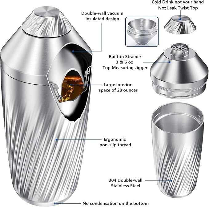 Hybrid Cocktail Shaker Set - Innovative Premium Vacuum Insulated Stainless Steel Drink Shaker Double Wall Margarita Mixer Jigger & Mixing Spoon Set - Martini Shaker for Home Bartender - 28oz