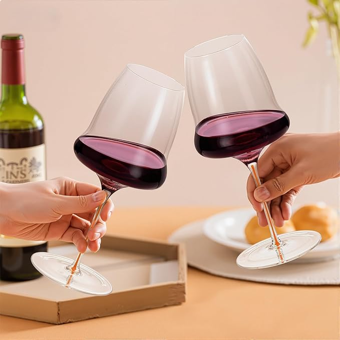 KAMMAK Wine Glasses Set of 2, 24.69 oz Hand Blown Crystal Bordeaux Wine Glasses, Thin Rim & Long Stem, Perfect for Red & White, Daily Use, Wedding or Birthday Gift with Gift Box, Clouds Orange