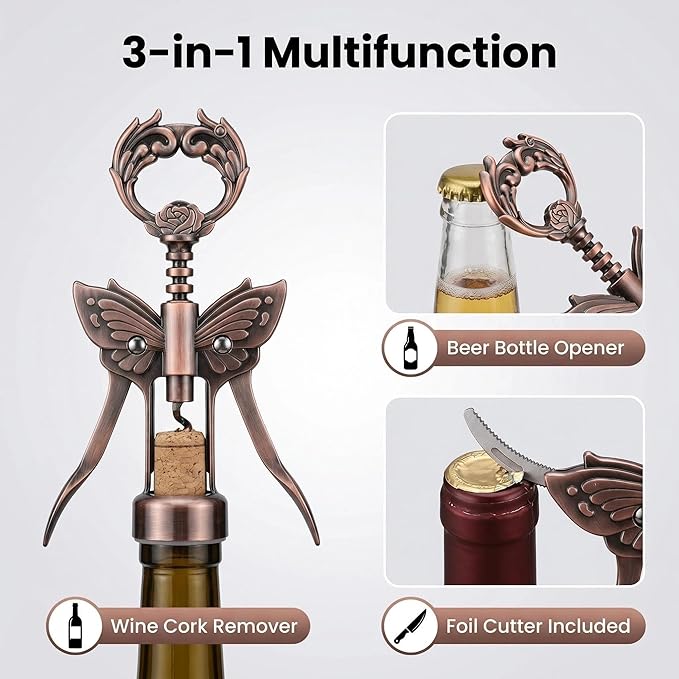 Wine Opener, 3 in 1 Zinc Alloy Premium Wing Corkscrew Wine Bottle Opener with Multifunctional Bottles Opener and Serrated Foil Cutter for Wine and Beer (Bronze)