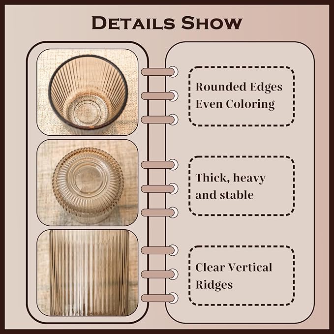 8.5 oz Drinking Glasses, Smoky Gray Highball Glasses Set of 6, Ribbed Glassware Glass Cups, Water Glasses for Juice, Iced Coffee Cups, Cocktail Glasses
