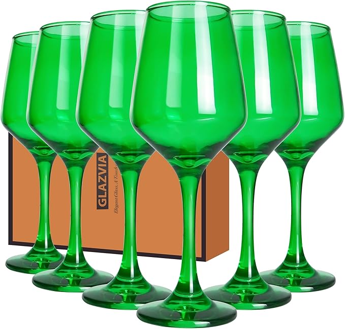 Green Wine Glasses Set of 6, 14oz Stemmed Glasses, Thick & Colored, Dishwasher Safe Stemware for Red or White, Gift for Party, Holiday, Anniversary, Restaurant, Home Bar, Daily Use
