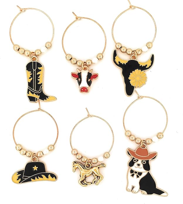 Pixie Cowboy & Cowgirl Wine Charms, 6 Piece Gift Set – Western Glass Tag Identifiers, Horse & Herding Dog Party Favors