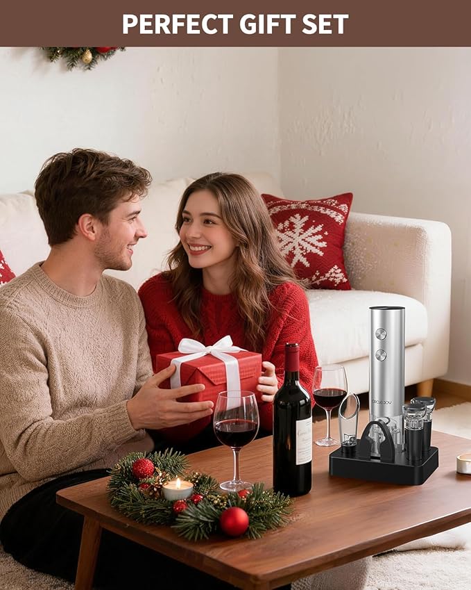 CIRCLE JOY Electric Wine Opener Rechargeable, 6-in-1 Stainless Steel Electric Cordless Wine Bottle Opener with Pourer & Foil Cutter, 2 Vacuum Preservation Stoppers and Base, Gift for Home, Party, Bar