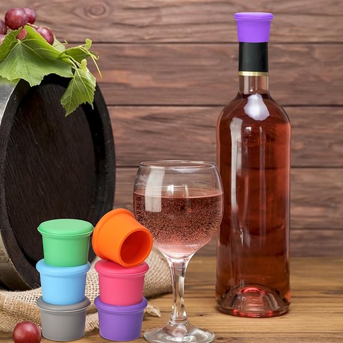 6 Pcs Colorful Wine Stoppers, Reusable Silicone Wine Corks, Champagne Stoppers, Beverages Beer Bottle Caps, Wine Bottle Stoppers for Glass Bottles, Keep Wine Fresh