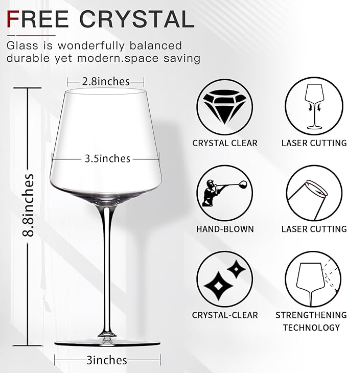 Physkoa White Red Wine Glasses Set of 6 – 18oz Clear【Hand Blown】 Crystal Wine Glass – Tall Long Stem Modern Wine Glasses – Square Wine Glass with flat bottom