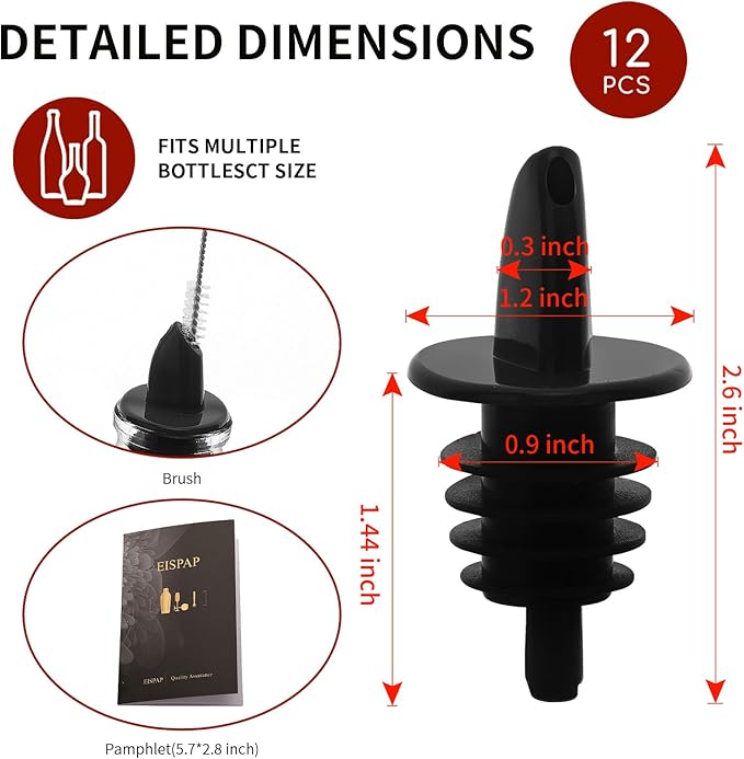 Plastic Liquor Bottle Pourers Black- 12 Pack Classic Bottle Pourers for Alcohol, Leak-Proof, Dishwasher-Safe Pour Spouts for Liquor Bottles (black)