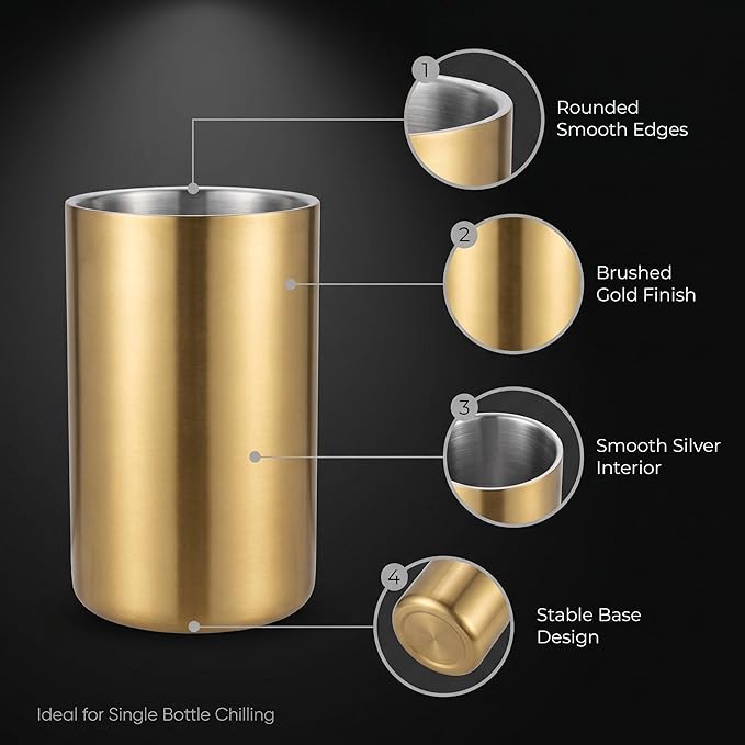 Gold Wine Chiller Bucket for Bottle 750ml Wine Chiller Champagne Cooler Insulated for Parties Keep Wine & Beverage Cold Bar Cart Accessories