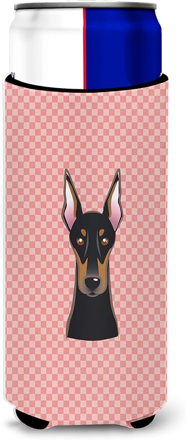 Checkerboard Pink Doberman Ultra Beverage Insulators for slim cans BB1245MUK
