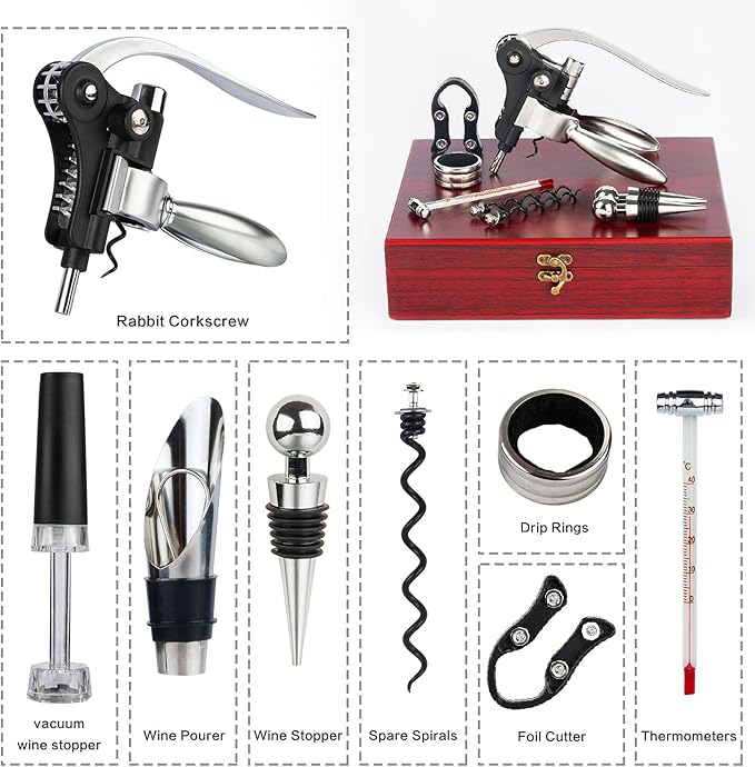 QCLTY 9-Piece Stainless Steel Wine Opener Kit Bottle Opener Gift Set Beer/Wine Accessories Set Wood Case