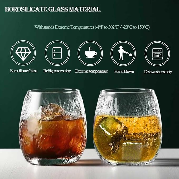 Hand Blown Whiskey Glass Set – Premium Borosilicate Glass Old Fashioned Glasses with Metal Ice Cubes, Tongs & Gift Box – Perfect for Whiskey, Water, Milk, Wine,Beer,Juice & Cocktails