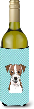 Caroline's Treasures BB1140LITERK Checkerboard Blue Jack Russell Terrier Wine Bottle Hugger Bottle Cooler Sleeve Hugger Machine Washable Collapsible Insulator Beverage Insulated Holder