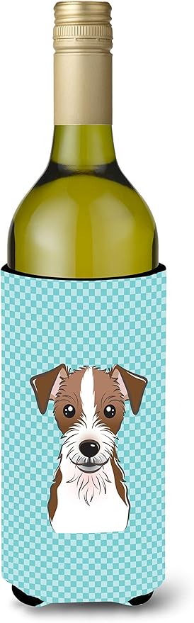 Caroline's Treasures BB1140LITERK Checkerboard Blue Jack Russell Terrier Wine Bottle Hugger Bottle Cooler Sleeve Hugger Machine Washable Collapsible Insulator Beverage Insulated Holder