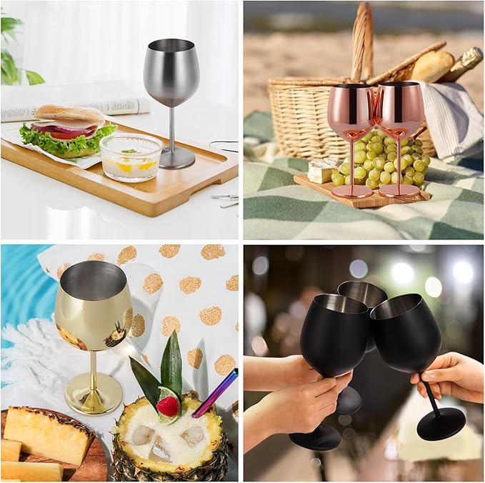 Lifecapido Stainless Steel Wine Glasses Set of 2, 18oz Stainless Steel Stem Wine Goblets, Stemmed Metal Wine Glasses with Cup Brush for Party Office Anniversary, Great for Red White Wine (Black)