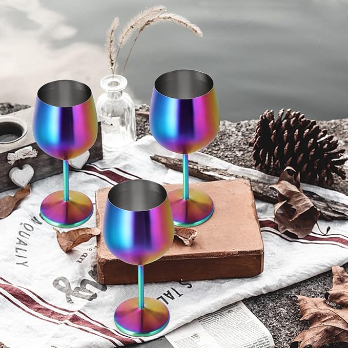 Lifecapido Stainless Steel Wine Glasses Set of 6, 18oz Colorful Stainless Steel Wine Goblets, Stemmed Metal Wine Glasses with Cup Brush for Party Office Wedding Anniversary, Great for Red White Wine