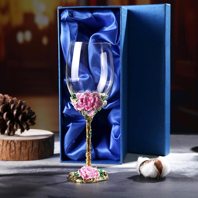 Simcat Handmade Painted Enamel Flower Glass Wine Glasses Transparent Refined Goblet, Stem For Cabernet, Gifts (pink single gift box,big flower)