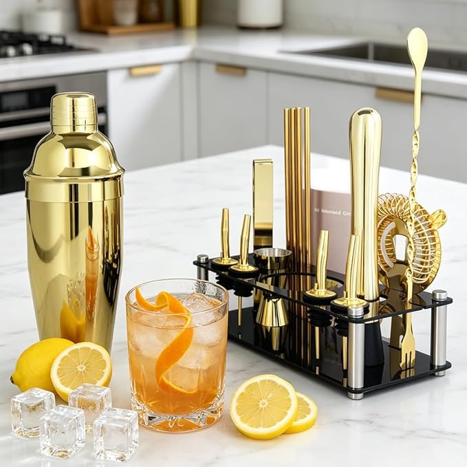 14-Piece Cocktail Shaker Set with Stand, Bartender Kit, 25oz Shakers, Bar Set Cocktail Shaker Set, Jigger for Bartending Kit, Drink Mixer Set, Cocktail Set Recipes Booklet Home, Bar, Party (Gold)
