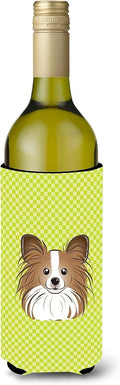Caroline's Treasures BB1310LITERK Checkerboard Lime Green Papillon Wine Bottle Hugger Bottle Cooler Sleeve Hugger Machine Washable Collapsible Insulator Beverage Insulated Holder