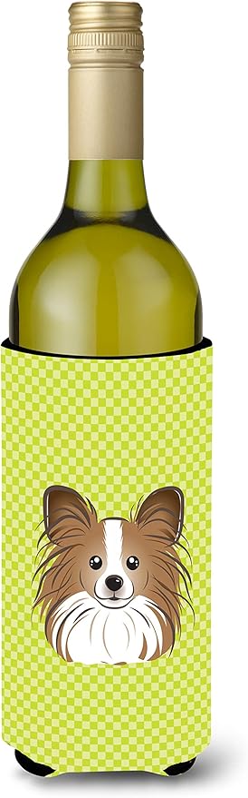 Caroline's Treasures BB1310LITERK Checkerboard Lime Green Papillon Wine Bottle Hugger Bottle Cooler Sleeve Hugger Machine Washable Collapsible Insulator Beverage Insulated Holder