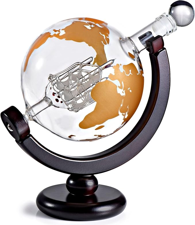 Whiskey Decanter Globe Gift Set - Rich Base Tray - Gold Whiskey Dispenser Airtight Stopper for Wine, Bourbon, Brandy, Juice, Water - Decanter Sets For Men Christmas Gifts for Dad Boyfriend Husband Him