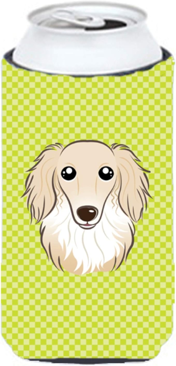 Caroline's Treasures BB1274TBC Checkerboard Lime Green Longhair Creme Dachshund Tall Boy Hugger Can Cooler Sleeve Hugger Machine Washable Drink Sleeve Hugger Collapsible Insulator Beverage Insulated H