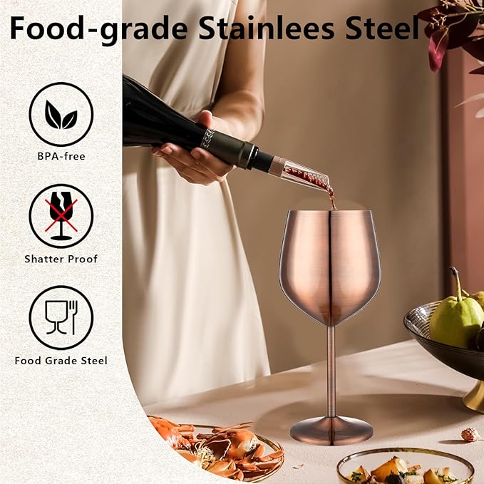 Stainless Steel Wine Glasses Set of 4 Unbreakable Wine Glass 18 oz Unique Metal Wine Goblets for Outdoor, Travel, Camping, Pool, Ideal Gift for Wine Lovers (Red Copper)