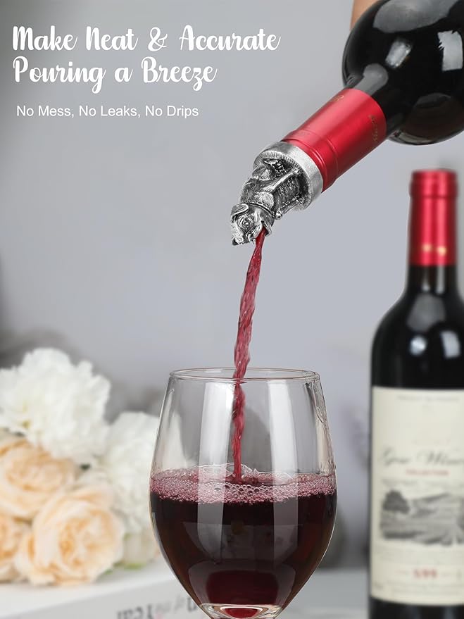 Animal Wine Pourer Spout, Drip Free Bottle Pourer & Stopper for Wine and Liquor Bottles, Funny Gift for Men, Dad, Hostess and Housewarming, Bar Cart Accessory for Holiday Party Decor, Multiple Animal