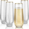 Royalrose Premium Ribbed 10 Oz Sparkling Wine Glassware with Gold Rim, Vintage Style Clear Glasses for Mimosa, Wine, Cocktails, Juice, Home Bar, Set of 4 (Stemless Champagne Flutes)