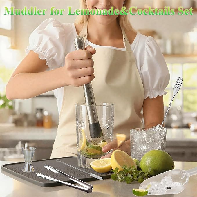 6Pcs Muddler for Cocktail Set - 304 Stainless Steel Muddler Cocktail Spoon Jigger Straw Cleaning Brush, Ice Scoop and Ice Tongs, Bar Accessories Tools for Mojitos, Lemonades, and Fruit Drinks