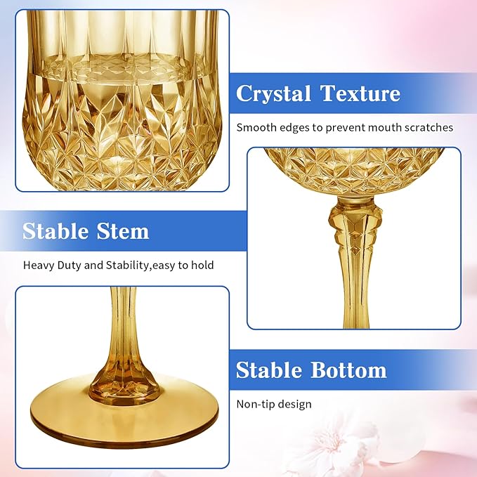 7OZ Plastic Wine Glasses, Disposable Goblets Drinking Glasses Crystal Vintage Water Cups Unbreakable Champagne for Wedding, Parties, Valentine's Day (Yellow)