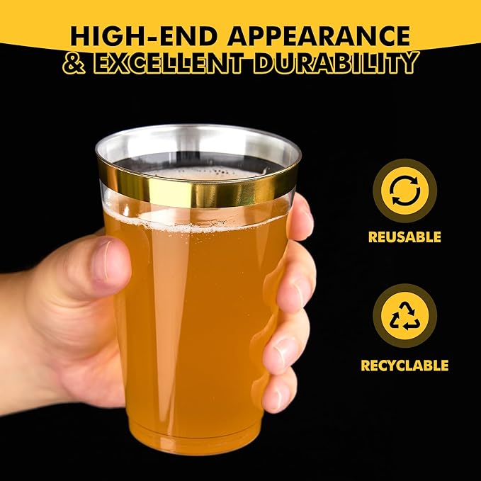 RACETOP 200 Pack 14oz Gold Rimmed Plastic Cups, Heavy Duty Disposable Glasses, Elegant Gold Rimmed Disposable Hard Cups for Party, Thanksgiving, Wine Taesting, Birthday and Christmas.