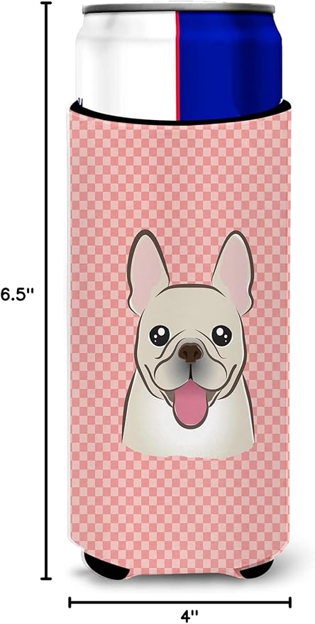 Checkerboard Pink French Bulldog Ultra Beverage Insulators for slim cans