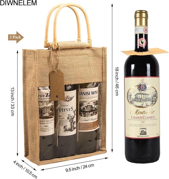DIWNELEM 2 Pack Burlap Gift Bags with Window - Jute Wine Bags for Wedding, Parties, Birthdays, Christmas & Holidays