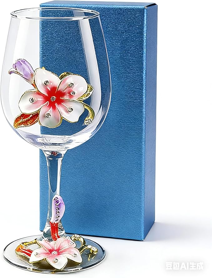 Simcat Handmade Painted Enamel Flower Glass Wine Glasses Transparent Refined Goblet, Stem For Cabernet, Gifts (pink single gift box1)