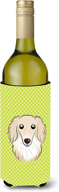 Caroline's Treasures BB1274LITERK Checkerboard Lime Green Longhair Creme Dachshund Wine Bottle Hugger Bottle Cooler Sleeve Hugger Machine Washable Collapsible Insulator Beverage Insulated Holder