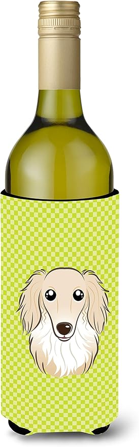 Caroline's Treasures BB1274LITERK Checkerboard Lime Green Longhair Creme Dachshund Wine Bottle Hugger Bottle Cooler Sleeve Hugger Machine Washable Collapsible Insulator Beverage Insulated Holder