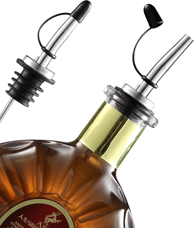 AOZITA Liquor Pour Spout, Stainless Steel Liquor Bottle Pourers with Rubber Dust Caps for Alcohol, Olive Oil, Liquor Pourers with Dust Caps, Speed Pourers, Bar Bartender Accessories (2)