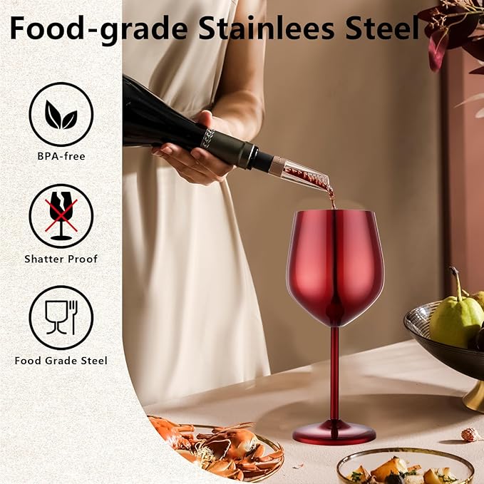 Stainless Steel Wine Glasses Set of 4 Unbreakable Wine Glass 18 oz Unique Metal Wine Goblets for Outdoor, Travel, Camping, Pool, Ideal Gift for Wine Lovers (Mirror-Red)