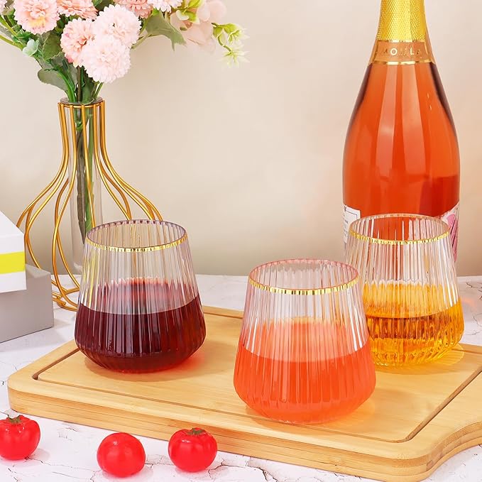24 Pack Plastic Ribbed Wine Glasses with Gold Rim, 14oz Stemless Disposable Wine Cups, Clear Unbreakable Outdoor Cocktail Glasses, Heavy Duty Reusable Plastic Drinking Cup for Party Wedding Mimosa Bar