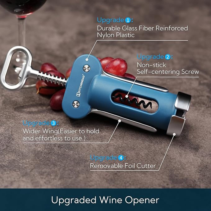 KITCHENDAO Luxury 3 in 1 Wine Opener with Foil Cutter, Beer Bottle Opener, Sturdy Zinc Alloy Wing Corkscrew with Self-centering Non-stick Sharp Screw, Easy to Remove Cork, Manual Corkscrew (Blue)