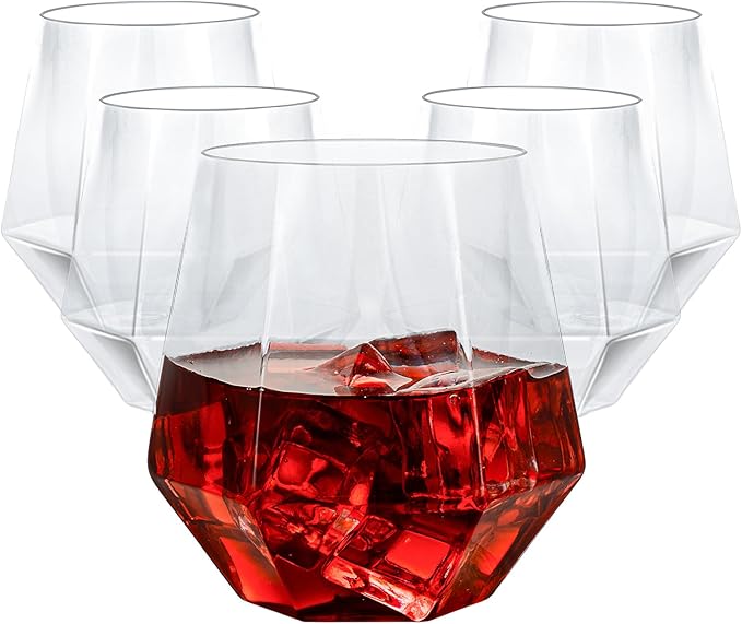 Goodluck 80 PCS Diamond Stemless Plastic Wine Whiskey Glasses, 12 Oz Disposable Cocktail Glasses, Suitable for Weddings, Birthday Parties, Family Gatherings, Bars, etc (Clear)