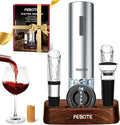 Electric Wine Opener Set for Home Bar Party - 5-in-1 Automatic Rechargeable Corkscrew with Charging Base, Foil Cutter, Vacuum Stoppers, Aerator, Accessories Premium Mahogany Base - Brown